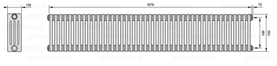 Схема (чертеж) Радиатор Zehnder Charleston 4055/43 №7610 Белый глянцевый RAL 9016